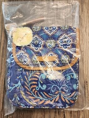 Dena "Indigo" Ikat Floral Crossbody with Tan Trim
